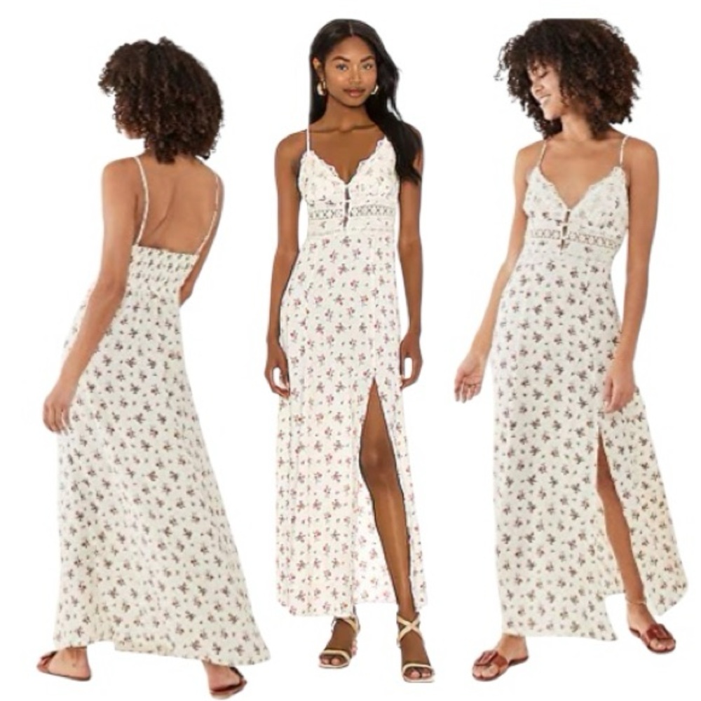 Free People Out And About Maxi‎ Slip Dress in Ivory Combo Romantic Feminine Sz S